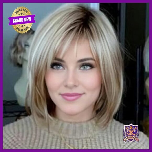 Synthetic Layered Bob Wig with Bangs, 12 Inch, Heat Resistant main image 7